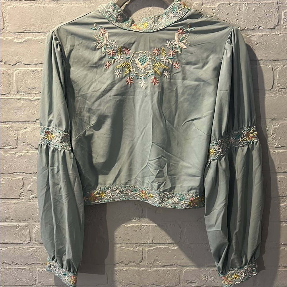Green Embellished Crop Blouse with Puff Sleeves